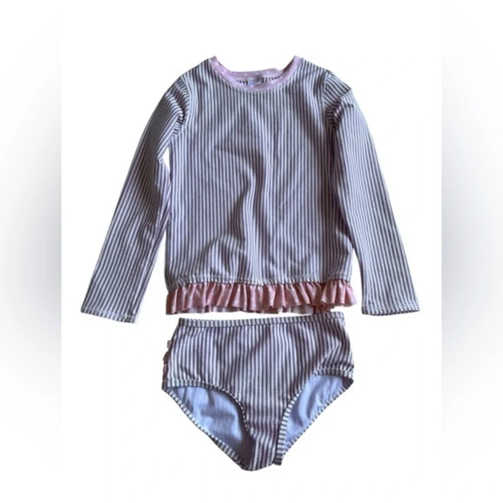 Ruffle Butts Pink and White Rashguard Swim Set